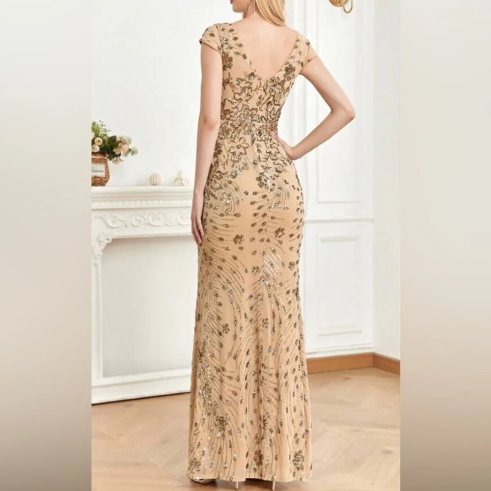 Luxe V neck sequin formal evening party dress - Picture 4 of 9